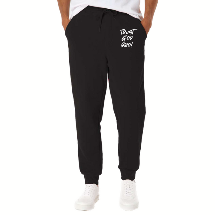 Trust God Bro Sweatpants – soft fleece Christian loungewear with elastic waist and ribbed cuffs