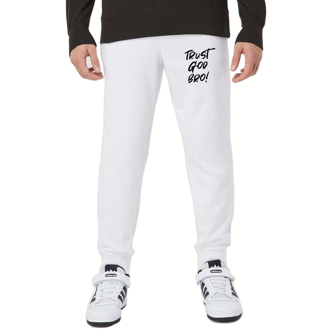 Trust God Bro Sweatpants – soft fleece Christian loungewear with elastic waist and ribbed cuffs