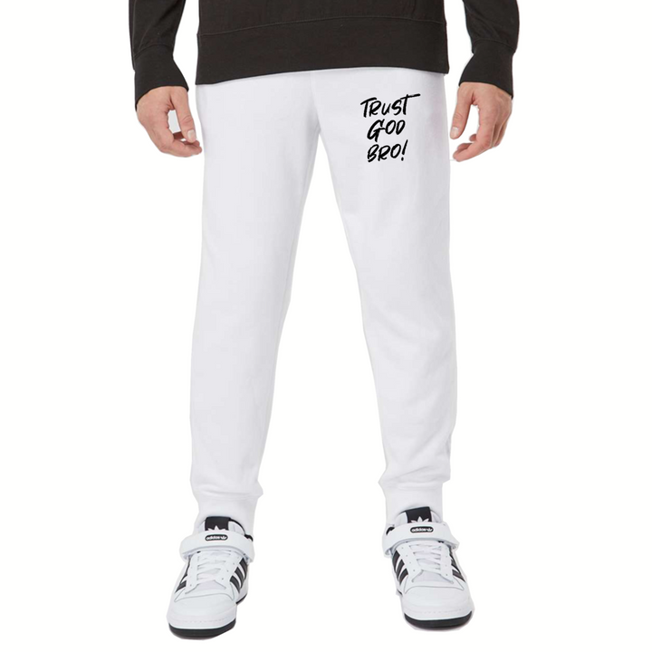 Trust God Bro Sweatpants – soft fleece Christian loungewear with elastic waist and ribbed cuffs